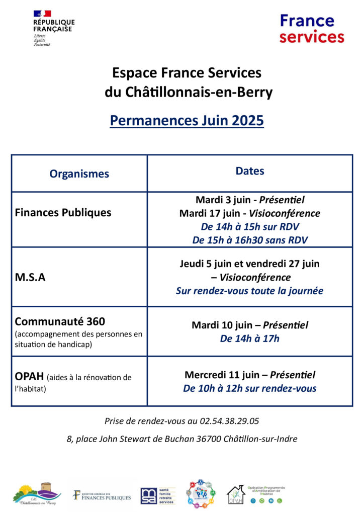 Permanences du mois de juin 2025 à l'Espace France Services